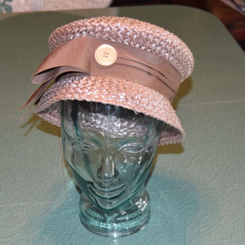 Vintage 60s Breton Straw Hat Taupe Brown Ribbon Button Trim Women’s Small 21.5"